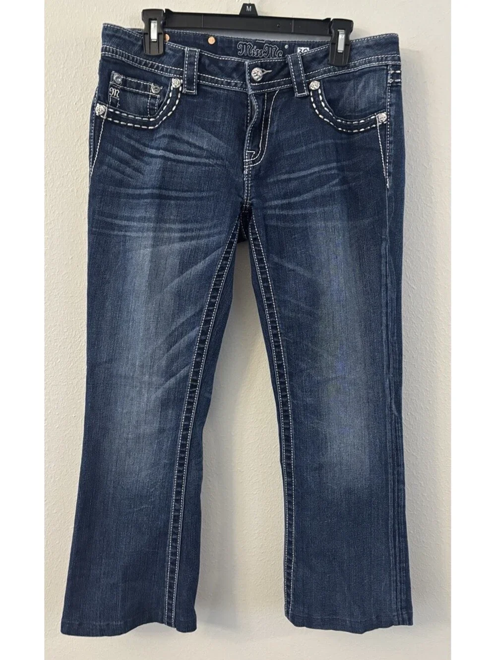 Women’s Miss Me White Fleur De Lis Embellished Bootcut Dark Wash Jeans 30x26